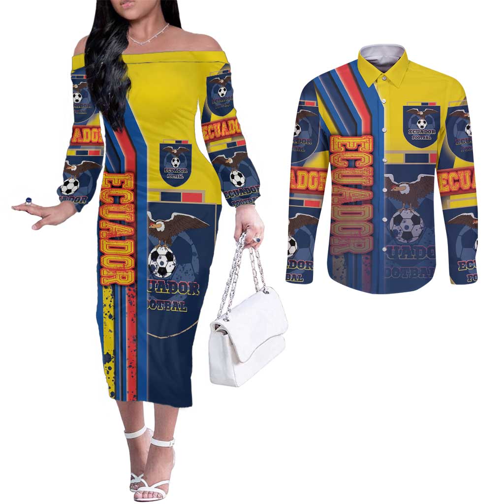 Ecuador Football Couples Matching Off The Shoulder Long Sleeve Dress and Long Sleeve Button Shirt La Tricolor Soccer - Road To Champion DT03