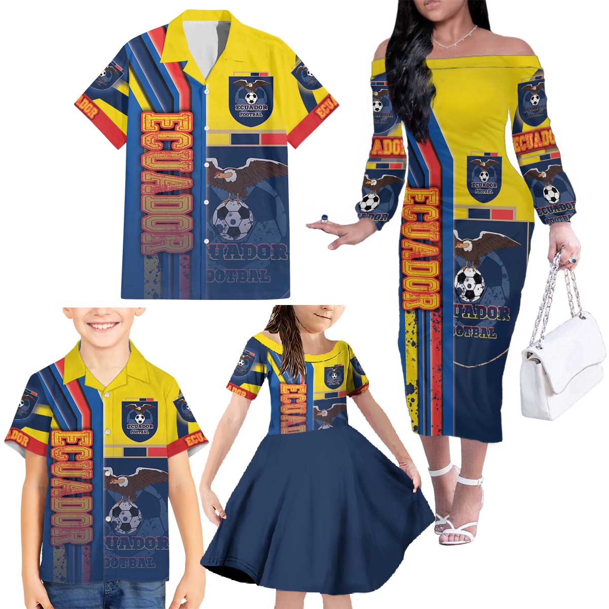 Ecuador Football Family Matching Off The Shoulder Long Sleeve Dress and Hawaiian Shirt La Tricolor Soccer - Road To Champion - Wonder Print Shop