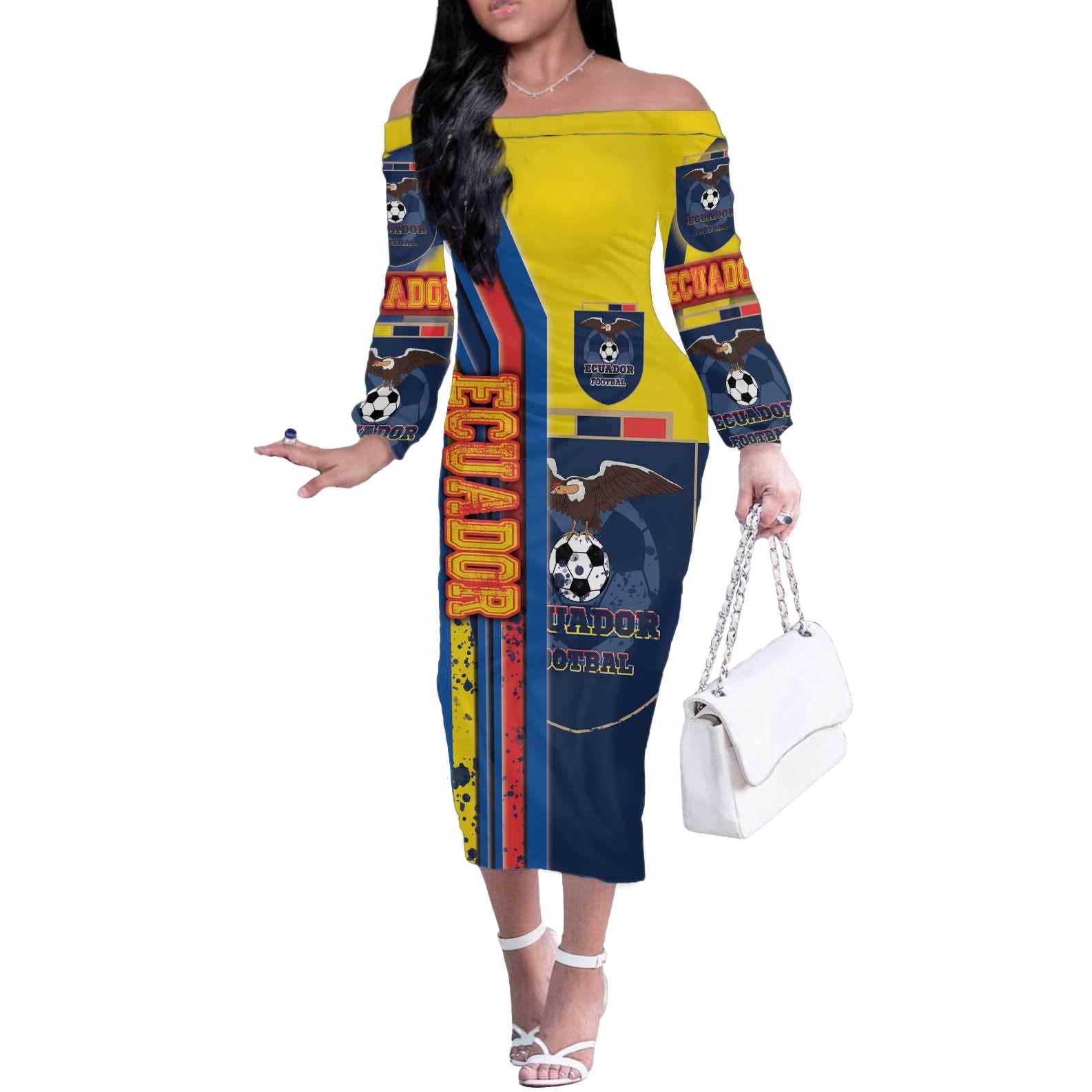 Ecuador Football Off The Shoulder Long Sleeve Dress La Tricolor Soccer - Road To Champion - Wonder Print Shop