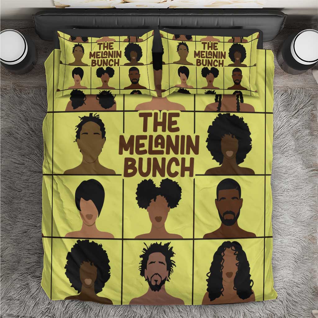 Yellow bedding set with portrait grid and “The Melanin Bunch” text design