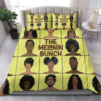 Yellow duvet bedding set with portrait graphic and “The Melanin Bunch” lettering