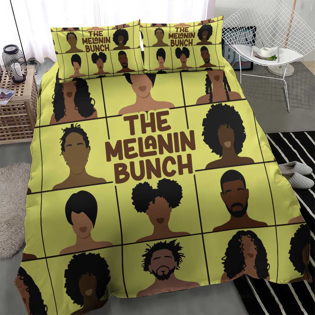 Yellow duvet bedding set with portrait grid design and “The Melanin Bunch” title