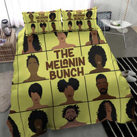 Yellow duvet bedding set with portrait grid design and “The Melanin Bunch” title