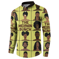 Yellow graphic button sweatshirt with black collar, tie detail, portrait grid