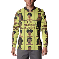 Yellow graphic button sweatshirt with black collar and portrait print, long sleeves