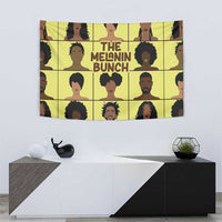 Yellow rectangular tapestry featuring a grid of face portraits and 'THE MELANIN BUNCH'