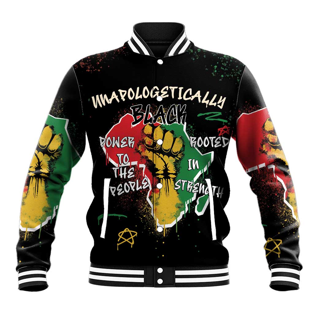 Unisex black baseball jacket with striped collar and bold front graphic