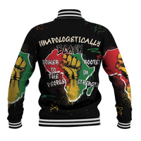 Unisex black baseball jacket with striped collar and large back graphic