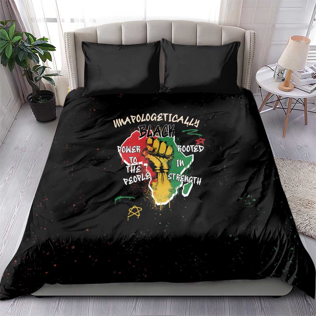Black bedding set with two pillowcases and duvet, showing a multicolor hand and text graphic
