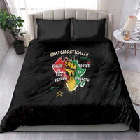 Black bedding set with two pillowcases and duvet, showing a multicolor hand and text graphic