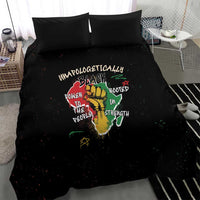 Black bedding set with pillowcases and duvet featuring a multicolor hand and text graphic