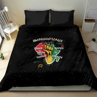 Black bedding set with two pillowcases and duvet, bold multicolor hand and text graphic