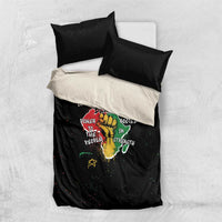 Black bedding set with two pillowcases and duvet, multicolor hand and text graphic design