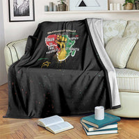 Black throw blanket with colorful African roots message graphic