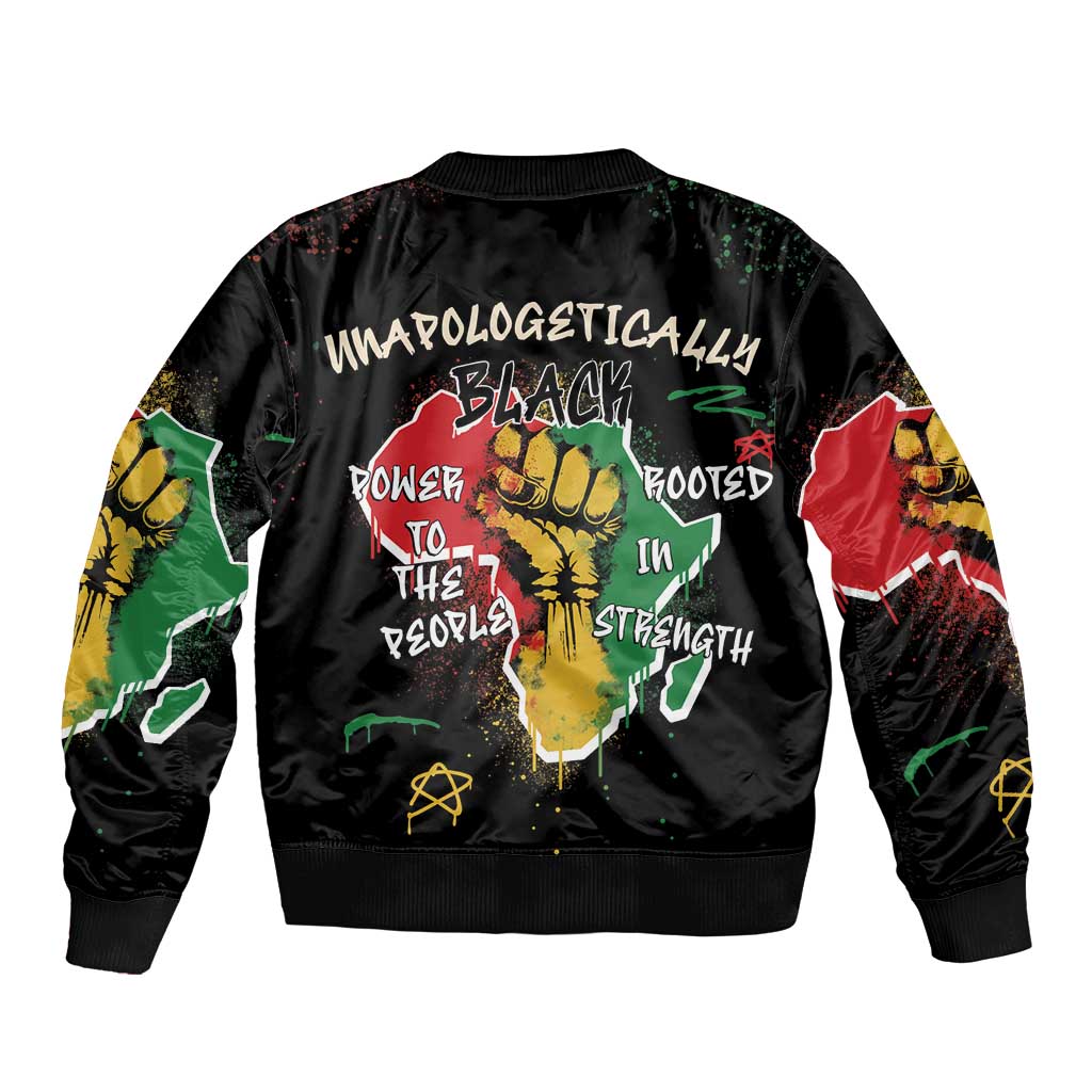 Black bomber jacket with large back graphic and ribbed collar, cuffs, and hem
