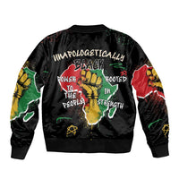 Black bomber jacket with large back graphic and ribbed collar, cuffs, and hem