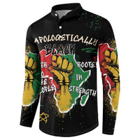 Black long-sleeve button sweatshirt with bold central print and splatter accents