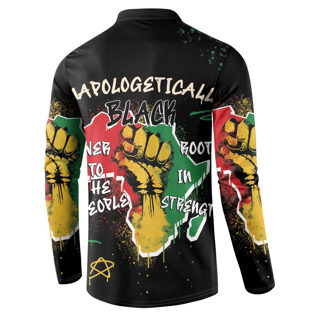 Black button sweatshirt with large back graphic and colorful sleeve panels