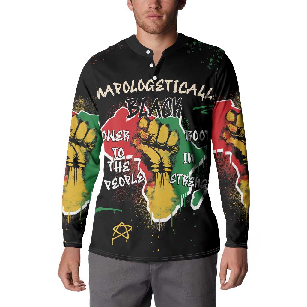 Black graphic button-up sweatshirt on model, with colorful front artwork and print