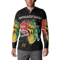 Black graphic button-up sweatshirt on model, with colorful front artwork and print