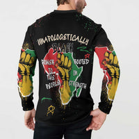 Black long-sleeve button sweatshirt with large back graphic and vibrant sleeve designs