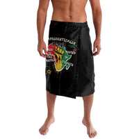 Black African wrap skirt with elastic waistband and colorful bold text graphic; knee length