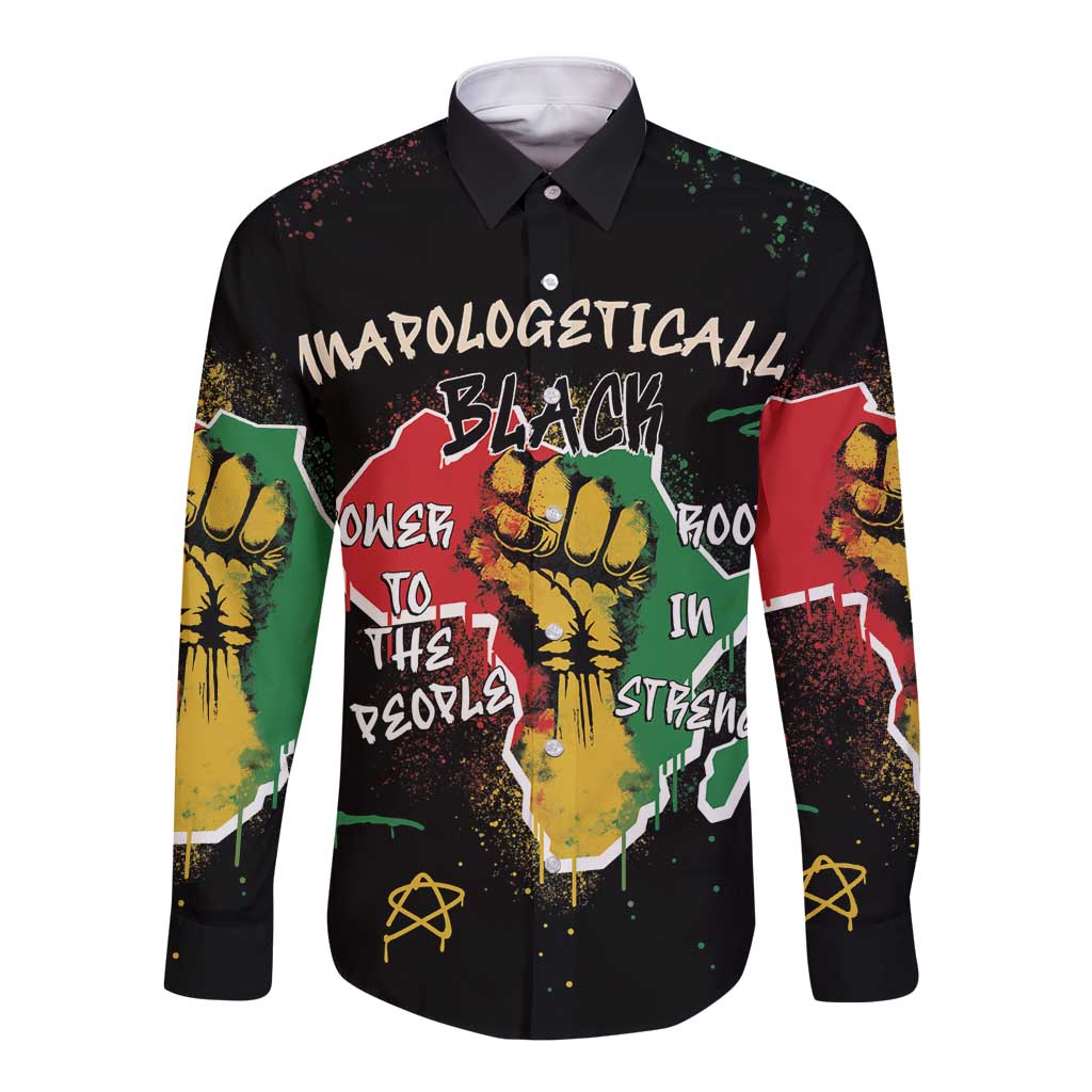 Black long-sleeve button shirt with front graphic text and fist illustration