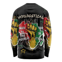 Black unisex long-sleeve shirt with colorful rear graphic and bold text print