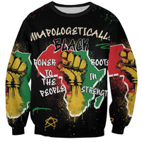 Black unisex crewneck sweatshirt with large front graphic and colorful half-sleeve print