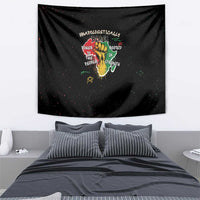 Black wall tapestry with centered hand-and-roots art and “unapologetically black” text