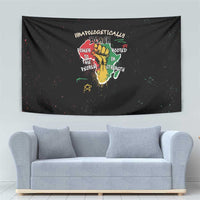 Black wall tapestry with hand-and-roots design and multicolor lettering