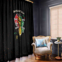 Black window curtain with multicolor face-and-text graphic, full-length panel