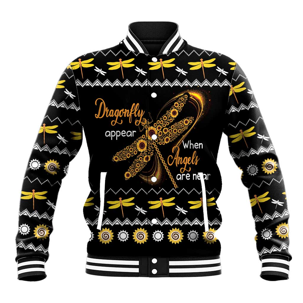 Black unisex baseball jacket with yellow dragonfly graphic and front text print, snap buttons