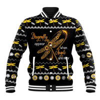 Black unisex baseball jacket with yellow dragonfly graphic and front text print, snap buttons