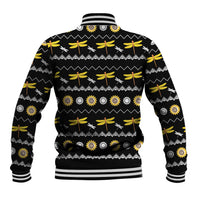 Black unisex baseball jacket with yellow dragonfly and flower pattern on back, ribbed hem