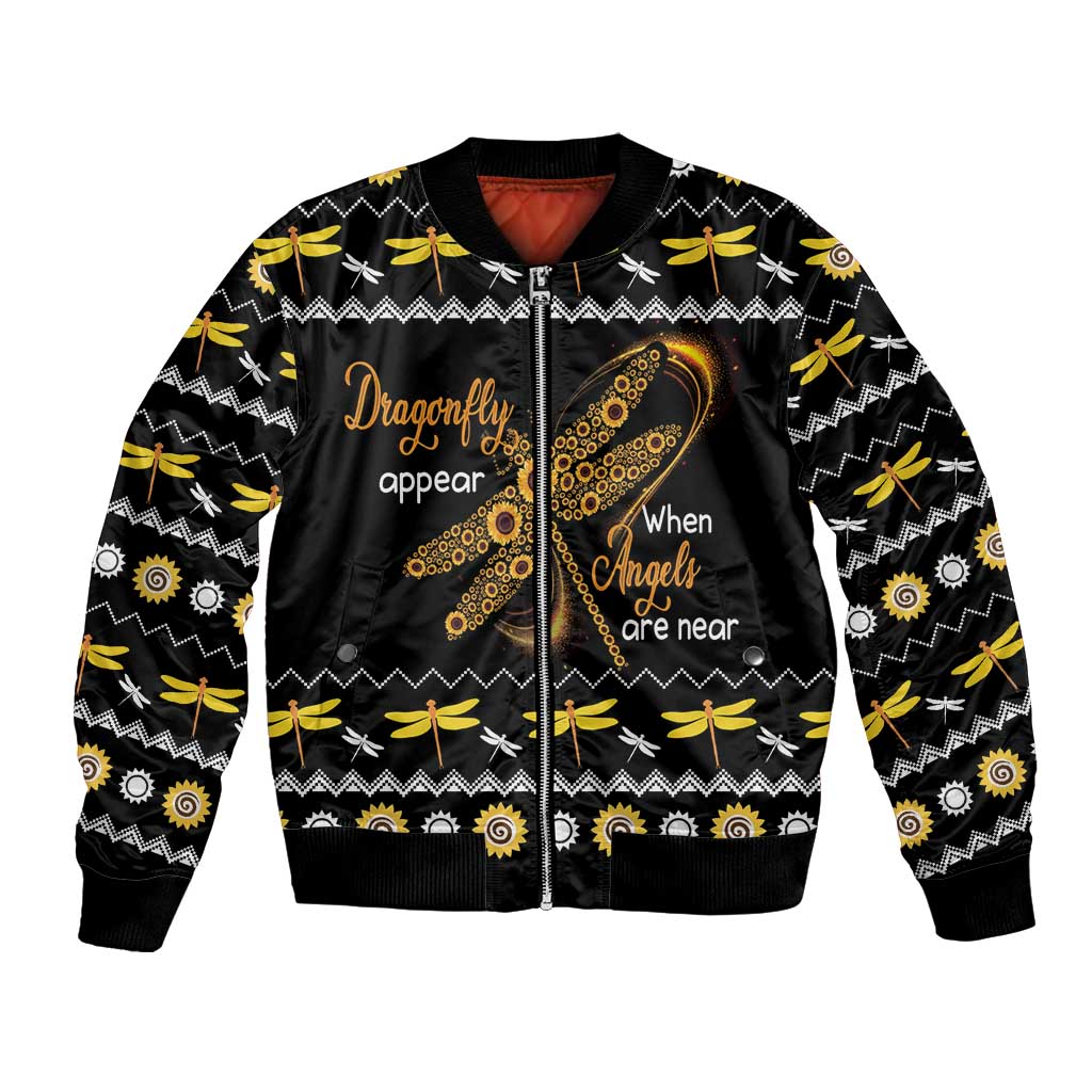 Black unisex bomber jacket with dragonfly and angel graphic, full front zip