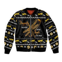 Black unisex bomber jacket with dragonfly and angel graphic, full front zip