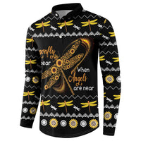 Black henley sweatshirt with central dragonfly graphic and Angels are near text