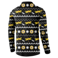 Black long-sleeve henley sweatshirt back with repeating dragonfly, zigzag and sunburst motifs