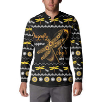 Black dragonfly henley sweatshirt on model with full front print and angel text