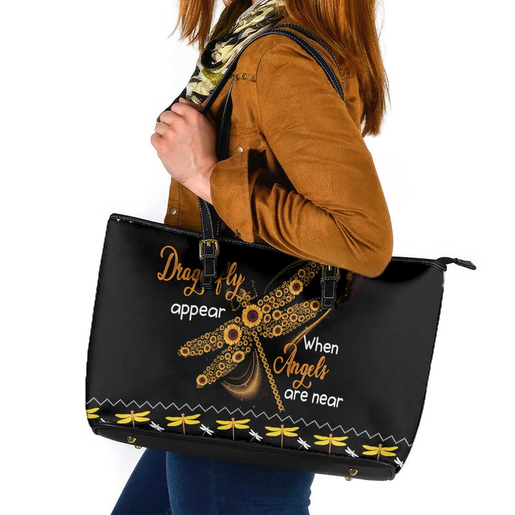 Dragonfly Sunflower Leather Tote Bag Dragonfly Appear When Angels Are Near