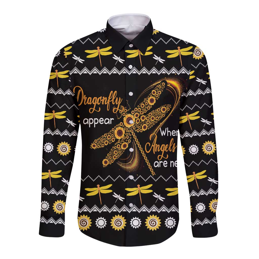 Black long-sleeve button shirt with dragonfly graphic and zigzag sunflower pattern