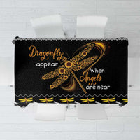 Black tablecloth with golden dragonfly, sunflower motifs, and decorative border text