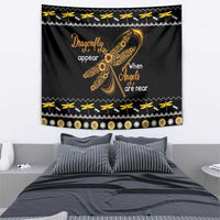 Black dragonfly tapestry with gold "When Angels are near" text and patterned trim