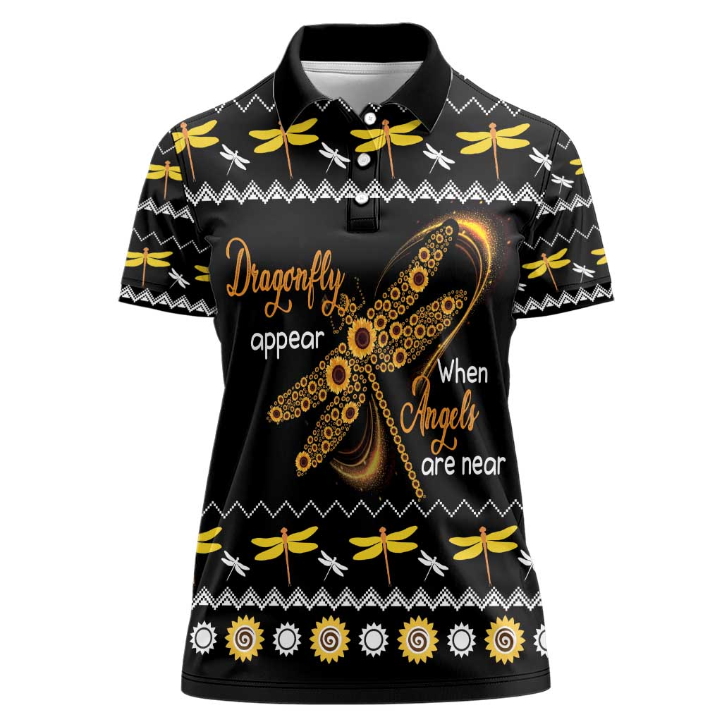 Dragonfly Sunflower Women Polo Shirt Dragonfly Appear When Angels Are Near