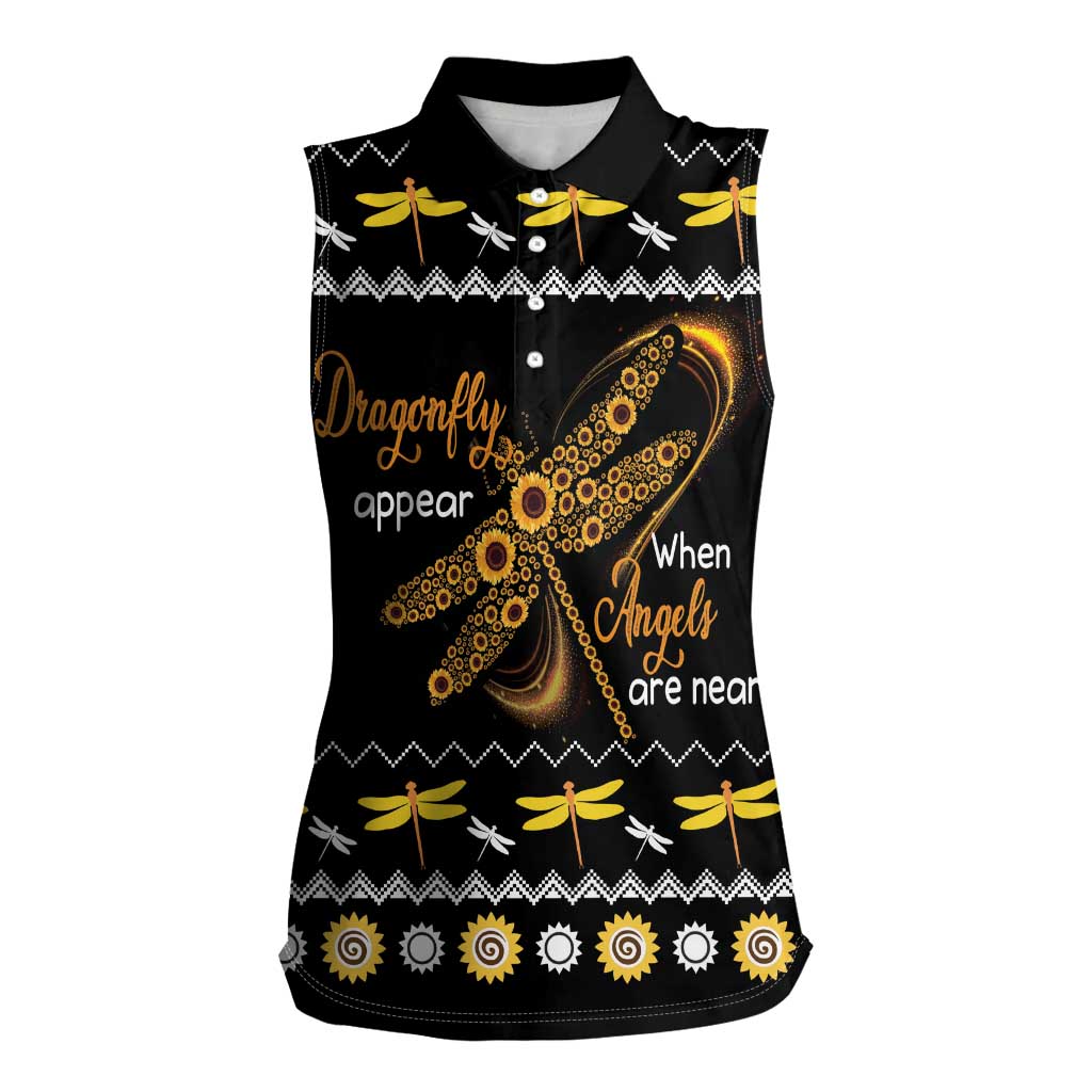 Dragonfly Sunflower Women Sleeveless Polo Shirt Dragonfly Appear When Angels Are Near