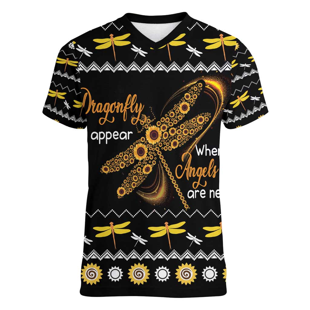 Dragonfly Sunflower Women V-Neck T-Shirt Dragonfly Appear When Angels Are Near