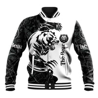 Unisex black baseball jacket with bear tattoo graphic and striped ribbed collar