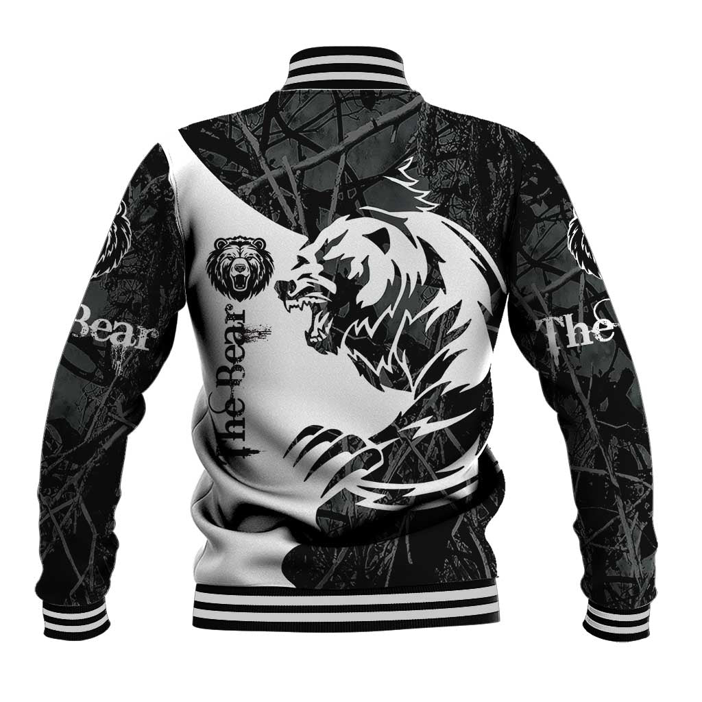Unisex black baseball jacket, back view, large bear tattoo graphic and striped hem