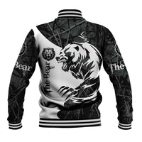 Unisex black baseball jacket, back view, large bear tattoo graphic and striped hem